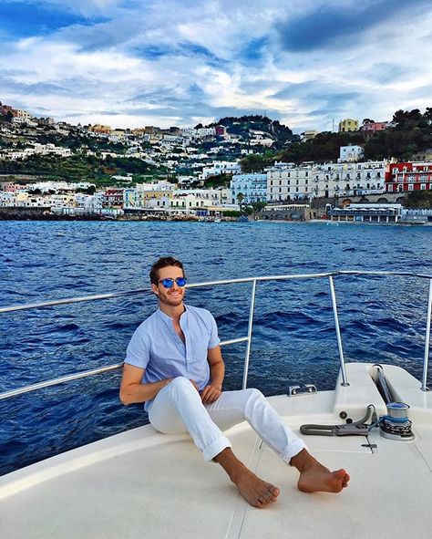 Going to miss all this blue...🌊💦😬 #Capri Boat Outfits, Beachwear Men, Outfits Playa, Adam Gallagher, Blue Linen Shirt, White Pant, People Images, Cruise Trip, Hipster Man