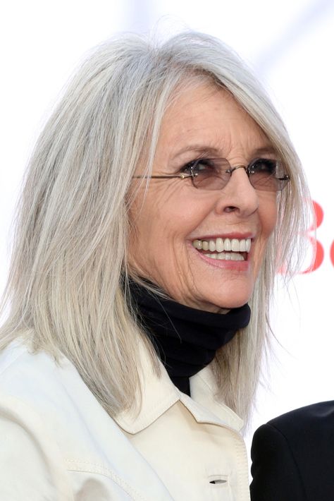 Easiest Way to Go Gray - Tips for Growing Out Gray Hair | Prime Women Hairstyles For Over 60, Celebrity Sunglasses, Flattering Hairstyles, Over 60 Hairstyles, Gray Hair Growing Out, Diane Keaton, Katharine Hepburn, Girls Braids, Grow Out