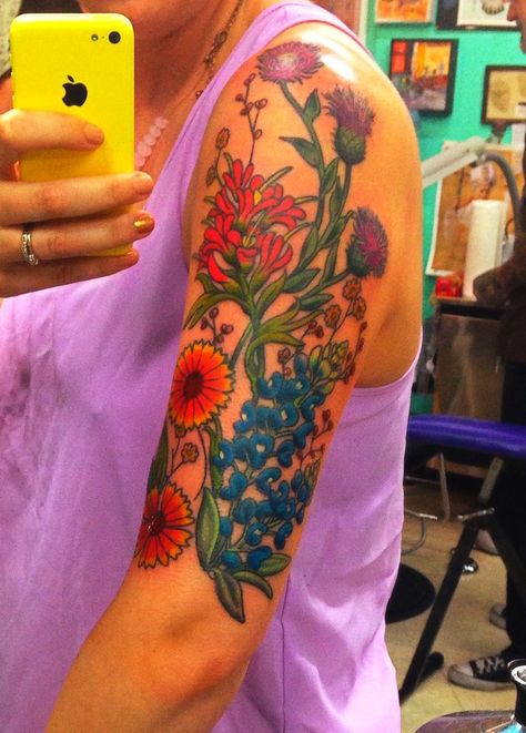 texas wildflowers tattoo | Texas wildflower tattoo with bluebonnets and Indian Paintbrush. Texas Wildflower Tattoo, Wildflower Tattoos, Paintbrush Tattoo, Meaning Tattoos, Phönix Tattoo, Texas Tattoos, Wildflower Tattoo, Summer Tattoo, Indian Paintbrush