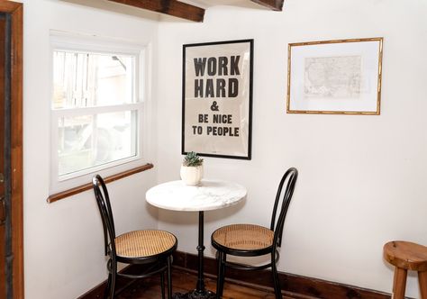 Can’t Find the Right Desk? Try a Bistro Table Instead | Apartment Therapy Work Hard And Be Nice To People, Small Kitchen Tables, Parisian Cafe, Bistro Chairs, Tiny Apartment, Decorating Inspiration, Mid Century Chair, Mud Room, Chair Style