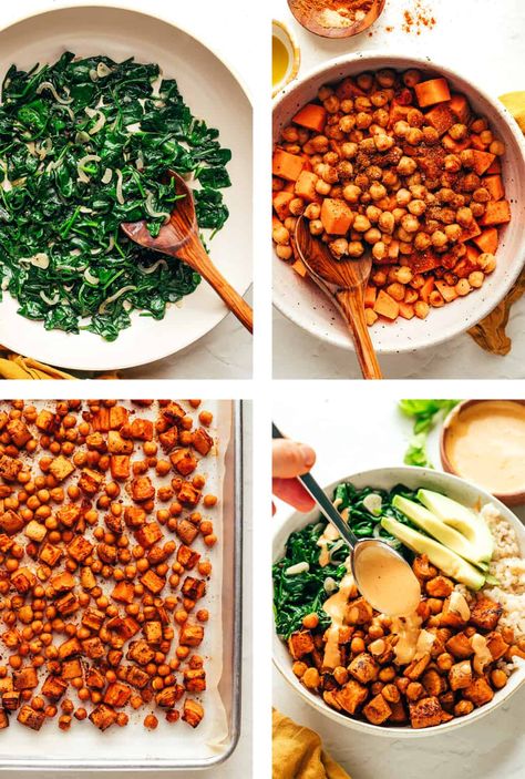 Roasted Sweet Potato and Chickpea Bowls Recipe | Gimme Some Oven Chickpea Bowls, Chickpea Bowl, Sweet Potato Oven, Chickpea Chili, Sweet Potato Spinach, Roasted Sweet Potato, Gimme Some Oven, Healthier Food, Sauteed Spinach