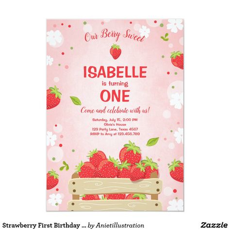 Strawberry Shortcake Invitations, 1st Birthday Invitation Card, Fruit Birthday Party, Strawberry Theme, Fruit Birthday, Birthday Invitation Card, Baby Birthday Themes, Strawberry Party, 1st Birthday Invitation