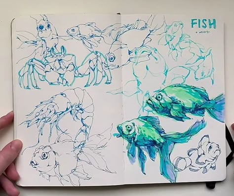 Marine Life Sketches, Fish Sketchbook, Animal Sketchbook, Calarts Sketchbook, Sketchbook Drawings, Cartoon Sketches, Sketchbook Inspo, Sketchbook Art Journal, Arte Sketchbook