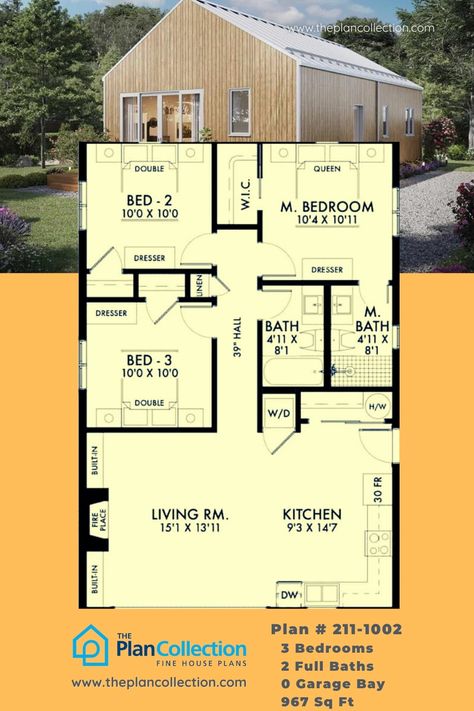 Discover efficient living in this 3-bedroom, 967 sq ft Ranch plan. With a compact footprint, every inch is maximized for optimal use. The single-story design offers a thoughtful layout with 3 bedrooms and 2 bathrooms, showcasing skillful space utilization. Ideal for those seeking a small, open-floor-plan home, this ranch is a testament to practical living without compromising style—a perfect blend for a lifestyle that values simplicity and functionality. #Ranchplan #smallhouseplans #HousePlans 3 Bedroom 1 Bath Floor Plans, Efficient 3 Bedroom Floor Plan, 3 Bedroom 1300 Sq Ft Floor Plan, 960 Sq Ft House Plan, Small Home Floor Plans Open Concept, 1200 Sq Ft House Plans 3 Bedroom, 3 Bed 2 Bath Floor Plans, Small House Plans 3 Bedroom, Small Ranch House Plans