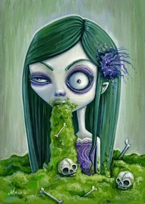 Just a little skull juice Green Zombie, Dark Gothic Art, Emo Art, Big Eyes Art, Goth Art, Lowbrow Art, Creepy Art, Pop Surrealism, Weird Art