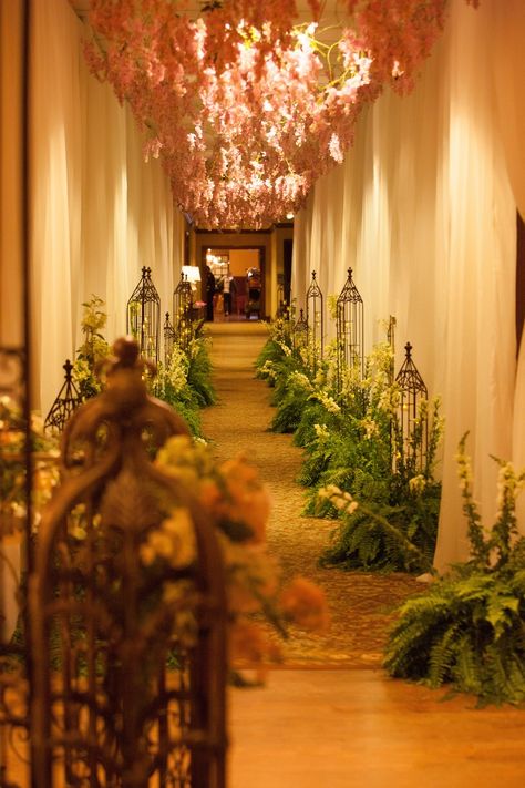 Reception Décor Photos - Nature-Inspired Hallway to Ballroom - Inside Weddings Ballroom Wedding Reception, Pictures Hallway, Friday Wedding, Wedding Ceiling, Wedding Design Inspiration, Indoor Wedding Receptions, Wedding Inside, Church Ceremony, Engagement Decorations