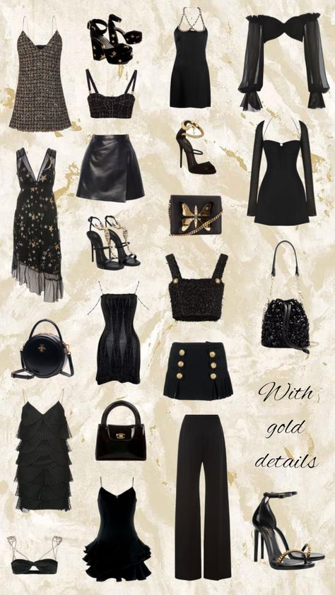 Black And Gold Aesthetic Outfit, 20s Aesthetic Outfit, Black White Gold Outfit, Black And Gold Party Outfit, Black And Gold Outfit Parties, Black And Gold Outfit Classy, Gold Black Outfit, Gold Outfit Aesthetic, Gold Outfits For Women