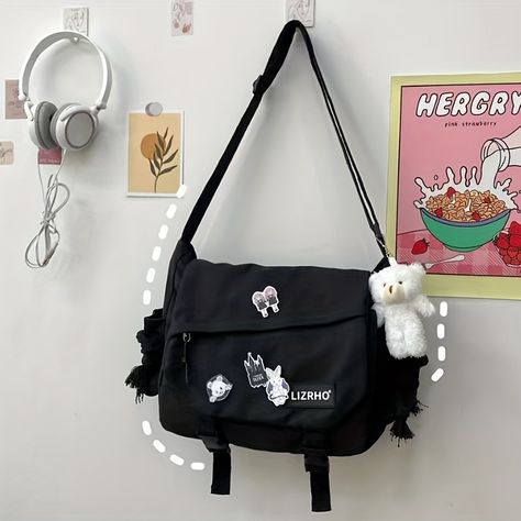 Faster shipping. Better service Cute Side Bags, Kawaii Pins, Postman Bag, Overalls Fashion, Nylon Handbag, Bear Pendant, Side Bags, Black Shoulder Bag, Canvas Shoulder Bag