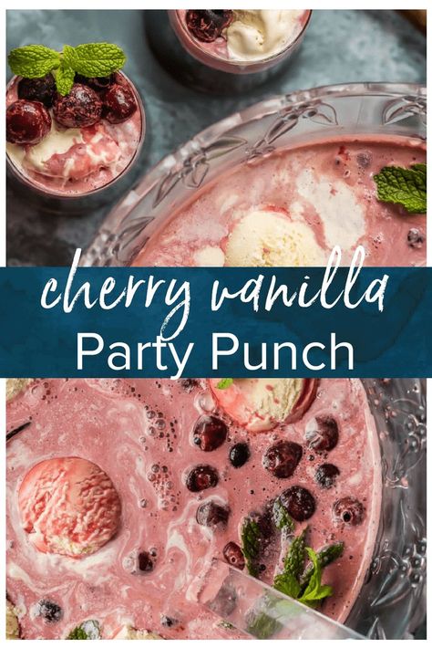 This PARTY PUNCH RECIPE is a sweet and tasty treat because it's filled with ice cream! This Cherry Vanilla Ice Cream Punch is the perfect party punch and feels really festive. It only has 4 ingredients and it's an instant hit at any holiday get together. Vanilla Ice Cream Punch, Simple Mulled Wine Recipe, Best Mulled Wine Recipe, Cherry Vanilla Ice Cream, Ice Cream Punch, Party Punch Recipe, Easy Party Punch, Homemade Strawberry Shortcake, Christmas Drinks Recipes