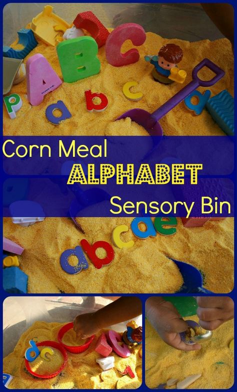 #sensorybin#toddlers An easy to set up corn meal sensory bin which can be turned into any learning sensory bin. Post has some learning ideas for plat. Alphabet Sensory Bin, Fancy School, Sensory Bin For Toddlers, Ece Activities, Color Hunt, Sensory Tables, Preschool Sensory, Sensory Tubs, Sensory Therapy