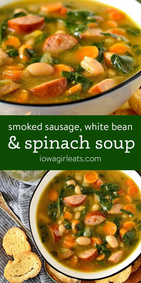 White Bean And Spinach Soup, Sausage White Bean, Bean And Sausage Soup, Spinach Soup Recipe, Sausage Soup Recipes, Sausage Spinach, Smoked Sausage Recipes, Beans And Sausage, Dinner Soup