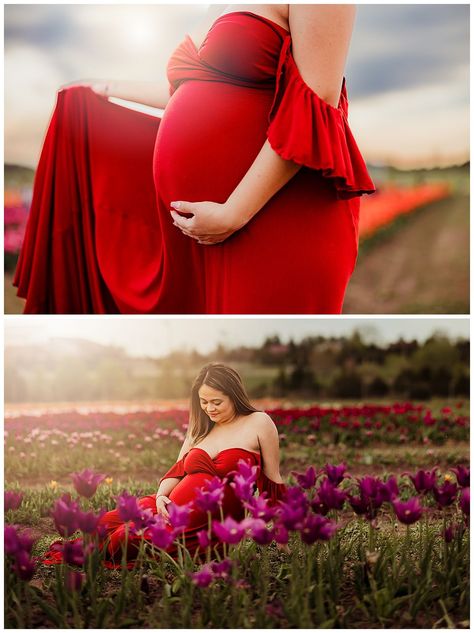 Tulip Farm Maternity Photoshoot, Tulip Maternity Photoshoot, Maternity Shoot Spring, Orange Gown, Tulip Field, Maternity Picture, Maternity Photoshoot Poses, Tulip Festival, Tulip Fields