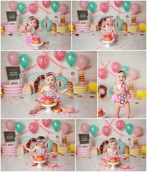 Donut Theme Cake Smash with Michelle Voigt Photography | Michelle Voigt Photography Blog Donut Theme Cake, Donut Theme Party, Donut Themed Birthday Party, 1st Birthday Party For Girls, Birthday Donuts, 1st Birthday Photoshoot, Donut Birthday Parties, First Birthday Pictures, 1st Birthday Party Themes