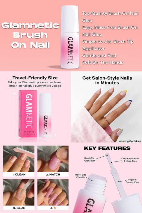 Experience hassle-free nail application with Glamnetic Brush On Nail Glue. The brush tip applicator ensures precise and mess-free glue application, while the travel-friendly size makes it perfect for on-the-go touch-ups. This vegan, durable, and long-lasting formula will keep your nails looking flawless. Get professional-quality results with ease. Nail Application, Acrylic Set, Free Brush, Salon Style, Nail Glue, Free Travel, Glue On Nails, Fake Nails, Fashion Nails