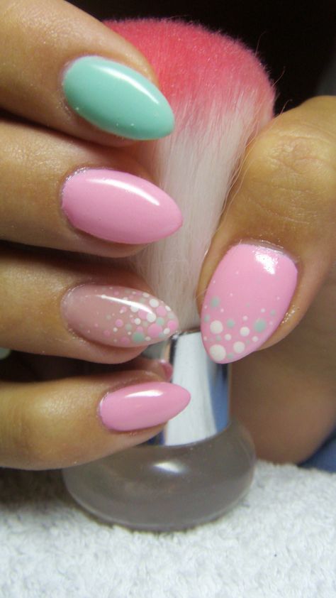 Light Pink Nails With Polka Dots, Turquoise Pink Nails, Teal And Pink Nails Ideas, Pink And Turquoise Nails Summer, Pink Turquoise Nails, Mint Green And Pink Nails, Pink And Mint Nails, Turquoise And Pink Nails, Ski Nails