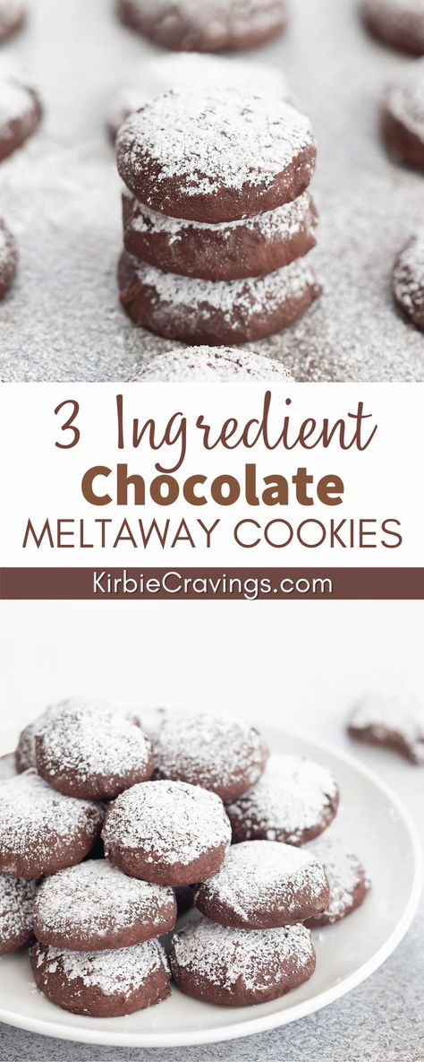 These 3 Ingredient Chocolate Meltaway Cookies melt in your mouth as you eat them. The cookies are just 3 ingredients and very easy to make. The cookies don’t require any flour or eggs. They store well and are great for gifting or bringing to a party. You can also dust the tops of the cookies with powdered sugar before serving. It’s completely optional. I think the cookies look nicer with powdered sugar, but it also makes the cookies sweeter. Cookies With Powdered Sugar, 2 Ingredient Brownies, Maple Sugar Cookies, Oatmeal Cookies Healthy, Fluffernutter Cookies, Chocolate Cookie Recipes Easy, Cookies No Flour, Red Velvet Sandwich Cookies, Easy Cookies Recipes