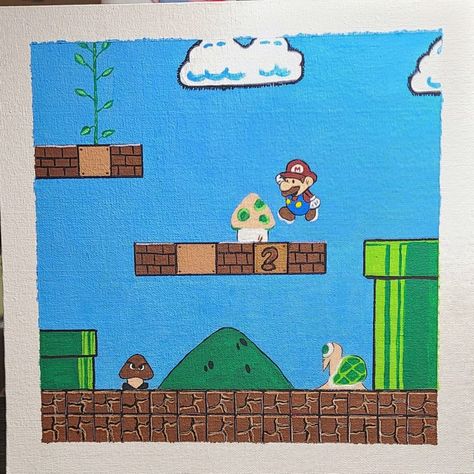 Super Mario Bros Painting, Super Mario Acrylic Painting, Nintendo Painting Ideas, Easy Mario Painting, Mario Canvas Painting Easy, Gaming Painting Ideas, Super Mario Canvas Painting, Mario Kart Painting, Mario Painting Canvases