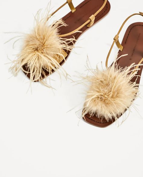 FLAT SANDALS WITH FEATHERS DETAIL I Zara Fur Sandals, Feather Decor, Roman Sandals, Buckled Heels, Pig Skin, Women Sandals, Casual Flats, Brown Sandals, Beach Shoes