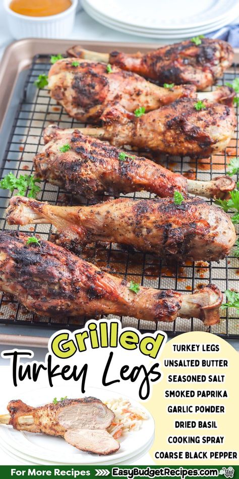 Impress your friends and family with these juicy, smoky, delicious grilled turkey legs. It’s an easy recipe for beginning grill masters and beyond. Follow us for more easy grilling and smoking recipes! Turkey Legs On The Grill, Grilled Turkey Legs, Turkey Leg Recipes, Smoked Turkey Legs, Turkey Leg, Easy Main Dishes, Grilled Turkey, Easy Grilling, Easy Budget