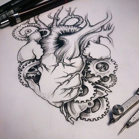 Drawing Chest, Steampunk Drawing, Gear Tattoo, Fox Tattoo Design, Steampunk Heart, Women Tattoos, Tattoos For Women Half Sleeve, Brain Art, Sketches Pencil