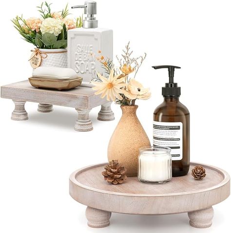 Amazon.com: EOSAHR Versatile Farmhouse Wood Riser Set for Home Decor - Decorative Pedestal Stands with Natural Wood Charm and Rustic Elegance (Natural Wood) : Home & Kitchen Dresser Bathroom Sink, Natural Wood Home, Wood Pedestal Stand, Home Decor Amazon Finds, Decorative Pedestal, Tray For Bathroom, Kitchen Sink Soap, Round Wood Tray, Dresser Bathroom