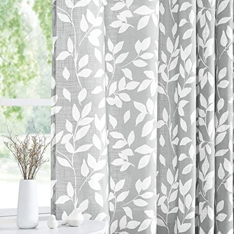 Treatmentex Grey and White Curtains for Bedroom 63" Length Leaf Print Curtains for Windows Semi-Sheers, Grommet Top, 2 Pack Blue Curtains For Bedroom, Grey And White Curtains, Long Window Curtains, Blue And White Curtains, Kitchen Window Curtains, Long Living Room, Print Curtains, Leaf Curtains, Living Room Drapes