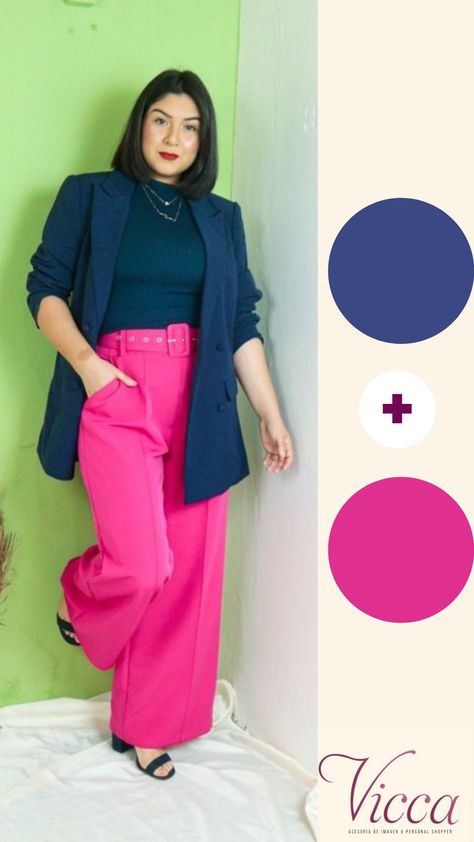 Hot Pink And Navy Blue Outfit, Pink Green Outfit Color Combos, Pink And Green Business Attire, Fucsia Outfit Combination, Magenta Business Outfit, Pink Slacks Outfit, Majenta Color Outfit, Pink Pants Outfit Work, Hot Pink Pants