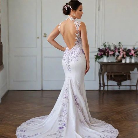 AI generated with prompt: Fit and flare wedding dress with high neck line and open back. No cleavage. Include lavender flowers and greenery appliques to accentuate the figure Wedding Dress With High Neck, Dress With High Neck, Flare Wedding Dress, Flowers And Greenery, Fit And Flare Wedding Dress, Dress Inspo, Lavender Flowers, Appliques, Fit And Flare