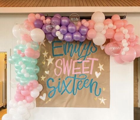 Sweet 16 Banner Ideas, Sweet 16 Banner, Halloween Treat Baskets, Painted Banner, Birthday Signs, Painted Backdrops, Treat Basket, 30th Party, Birthday Banner Design