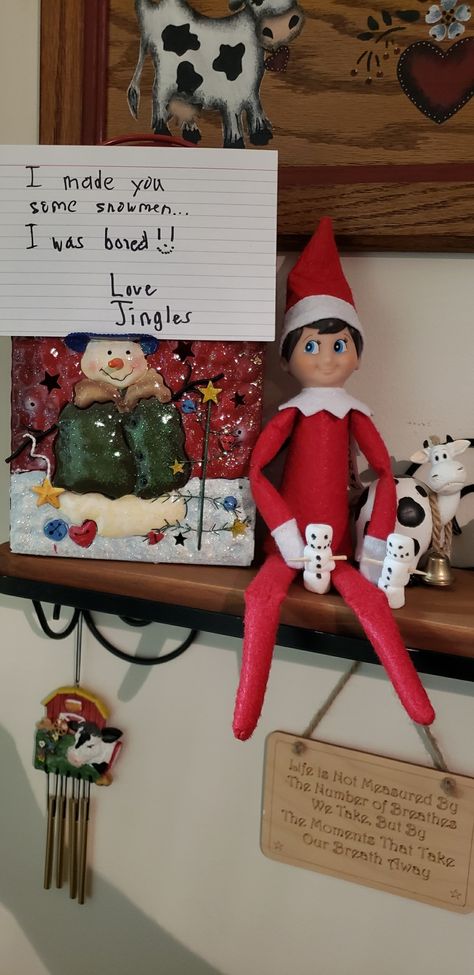 Jingles got bored and made a couple snowmen out of marshmallows and toothpicks! Marshmallows And Toothpicks, Marshmallow Snowmen, Marshmallow Snowman, An Elf, Marshmallows, Elf On The Shelf, A Couple, Elf, Holiday Decor