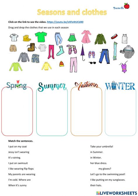 Clothes Worksheet, Seasons Worksheets, English Clothes, Esl Activities, English As A Second Language (esl), Esl Teaching, English As A Second Language, English Learning, Teaching Activities