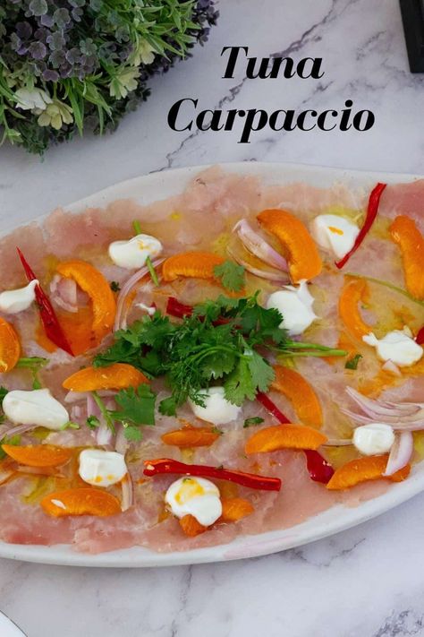 Tuna Carpaccio Recipe, Tuna Carpaccio, Apricot Slice, Seafood Soup, Easy Seafood Recipes, Chili Oil, Fish Fillet, Shallots, Fish And Seafood