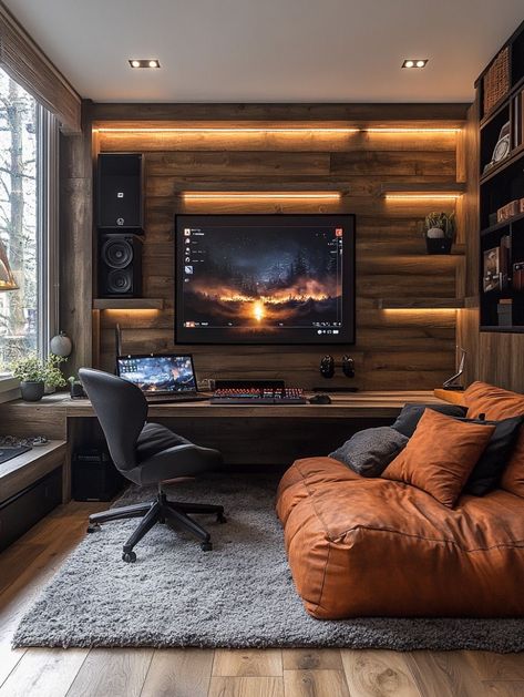 Gaming Room Setup Living Room, Farmhouse Gaming Room, Bedroom Inspirations Gaming, Library And Gaming Room, Gaming Room With Tv, Loft Gaming Room, Classy Gaming Room, Male Gaming Room, Man Cave Gaming Room