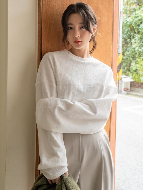 White Casual  Long Sleeve Cotton Plain   Slight Stretch Spring/Fall Women Tops, Blouses & Tee Shoulder Cardigan, Full Sleeve Top, Full Sleeve Tshirt, Drop Shoulder Cardigan, Artsy Outfit, Drop Shoulder Tee, Inverted Triangle, Women T Shirts, White Casual