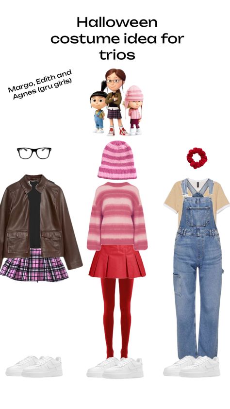 Halloween costume idea for trios, Margo, Edith and Agnes (gru girls) Agnes Costume, Gru Costume, Movie Character Outfits, Despicable Me Costume, Friend Hoodies, Solo Halloween Costumes, Best Friend Hoodies, Dynamic Trio, Character Outfits Ideas