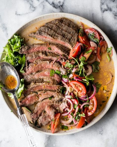 Grilled Flank Steak with Salsa Rustica | PrimalGourmet Simple Balsamic Vinaigrette, Gorgonzola Recipes, Gorgonzola Salad, Homemade Balsamic Vinaigrette, Mint Yogurt, Grilled Flank Steak, Steak Salad, Roasted Corn, Flank Steak