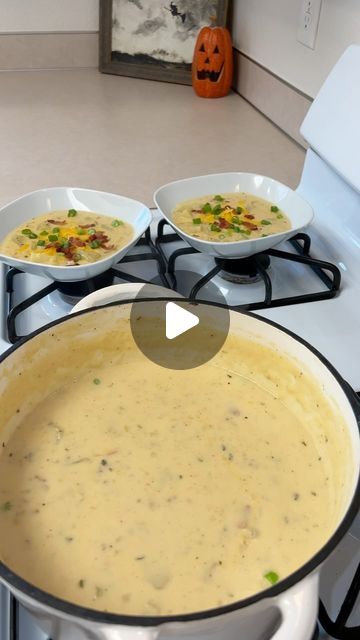 Hayleigh Luttmers on Instagram: "Happy September🍁 it’s officially fall in our house🤭 loaded baked potato soup for dinner to kick off cozy meals and soup season!   Loaded Baked Potato Soup Recipe   Ingredients: 1/2 pack bacon  1/2 cup butter 1 onion  3 stalks celery  Whites from 2 green onions  Minced garlic  1/2 cup flour  3 cups of water/or chicken broth  2 cups of milk  Season to taste- I used onion powder, garlic powder, celery salt, pepper, paprika, & chicken bouillon  4 large Yukon gold potatoes  1 cup heavy cream  8oz shredded cheddar cheese   #fall #autumn #potatosoup #loadedpotatosoup #soup #soupseason #comfortfood #Dinnerldeas #dinnerrecipe #food #Foodie #yum #yummy #typ #souprecipe #EasyRecipe #Recipe #dinner #easydinner #onepotmeals #crockpot #crockpotmeals #falldinner #falldi Potato Soup With Bacon And Cheese, Leftover Mashed Potato Recipes Soups, Chicken Bacon Potato Soup, Breakfast Soup Mornings, Soup Supper Party Ideas, Potato Soup Recipe Stovetop, Soup With Cream Of Chicken, Mashed Potatoes Soup, Potatoe Soup Recipe Best