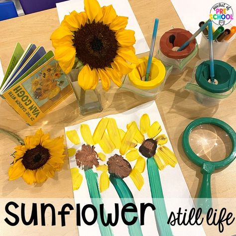 Sunflower still life plus Fall math, literacy, fine motor, art, sensory, and dramatic play activities for your preschool, pre-k, and kindergarten classroom. Fall Process Art, Still Life Sunflower, Art Activities For Preschool, Process Art Activities, Fall Themed Activities, Process Art Preschool, Pocket Of Preschool, Leaf Collage, Sunflower Crafts