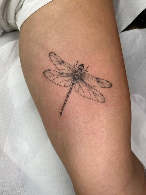 Dragonfly Tattoo On Back Of Arm, Womens Dragonfly Tattoo, Dragonfly Tattoo Inner Arm, Dragon Flys Tattoo, Dragon Fly Shoulder Tattoo, Linework Dragonfly Tattoo, Nature Dragon Tattoo, Dragon Fly Leg Tattoo, Dragon Fly Tattoo Men