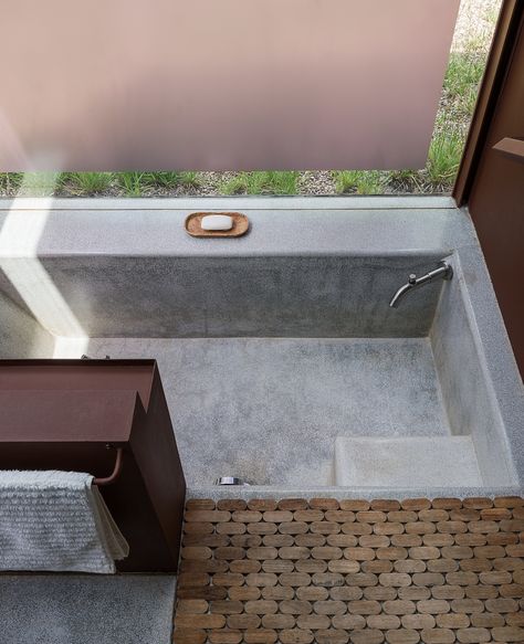 These Separate Studios Keep a Retired Couple Happy Sunken Shower Floor, Sunken Bath, Sunken Bathtub, Sunken Tub, Moroccan Bath, Bathtub Ideas, Landscape Details, Shower Combo, Bathroom Tub Shower