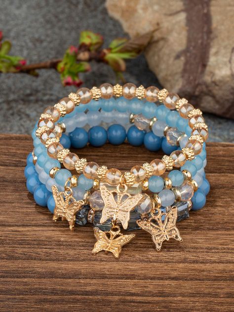 Multicolor  Collar     Embellished   Women's Fashion Jewelry Body Jewelry Diy, Crystal Beaded Bracelets, Beachy Bracelets, Girly Bracelets, Charm Beaded Bracelet, Jewelry Butterfly, Butterfly Crystal, Crystal Bead Jewelry, Pretty Jewelry Necklaces