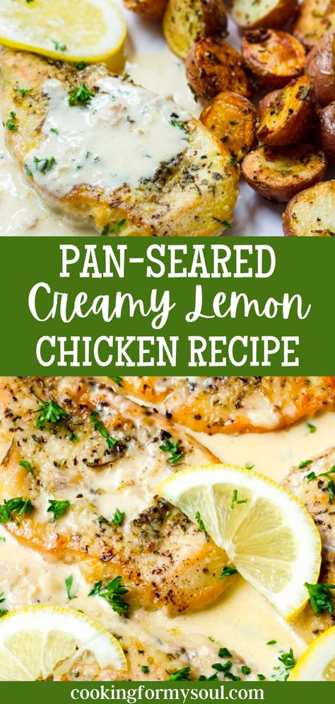 Enjoy the amazing flavors of this easy creamy lemon chicken dinner tonight! The pan-seared chicken is tender, and the creamy lemon sauce is rich and tangy. Create a meal your entire family will love with minimal effort thanks to this quick and delicious recipe. Serve up a plate of comfort food that's sure to please even the pickiest eaters! Lemon Pepper Chicken Sauce, Baked Creamy Lemon Chicken, Chicken Lemon Recipes, Creamy Lemon Chicken And Rice, Creamy Lemon Herb Chicken, Creamy Lemon Pepper Chicken, Easy Creamy Lemon Chicken, Lemon Chicken Dinner, Creamy Lemon Chicken Recipe