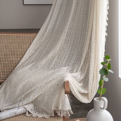 Amazon.com: WAZZIO Beige Kichen Curtains Boho Lace Sheer Curtains 45 Inch Length 2 Panel,Rod Pocket Farmhouse Light Filtering Sheer Curtain Tassel Bohemian Short Curtains for Bedroom Living Room - Cream : Home & Kitchen Neutral Curtains, Cream Curtains, Tassel Curtains, Farmhouse Curtains, Curtains For Bedroom, Short Curtains, Crochet Curtains, Boho Curtains, Lace Curtains