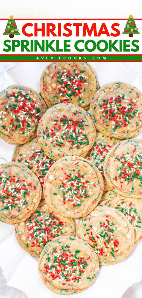 The perfect Christmas dessert idea! Your holiday baking list must have these no-roll cookies. Super soft and buttery with pillowy centers, these holiday sprinkles cookies are the BEST. Plus, there's no need to decorate this Christmas cookie recipe! Monster Christmas Cookies, Holiday Baking With Kids, Sprinkle Christmas Cookies, Cheap Christmas Cookies, Kid Friendly Christmas Cookies, Large Batch Christmas Cookies, Christmas Cookies Recipes Sugar Cookie, Unusual Christmas Cookies, Simple Christmas Dessert Ideas