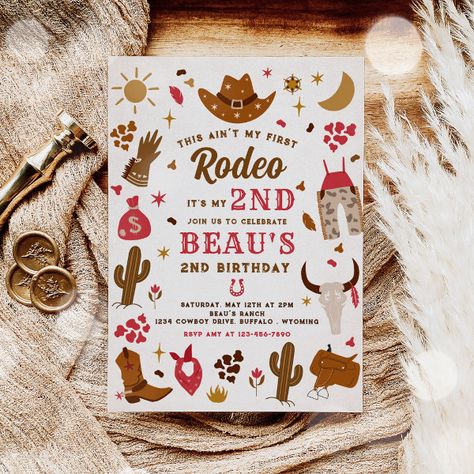 Second Rodeo Cowboy Wild West Birthday Party Invitation Second Rodeo Birthday Party, Rodeo 2nd Birthday, Wild West Classroom, Second Birthday Party Themes, Ranch Birthday Party, Simple Birthday Invitations, Cowboy Party Invitations, First Birthday Template, Cute Invitation Cards