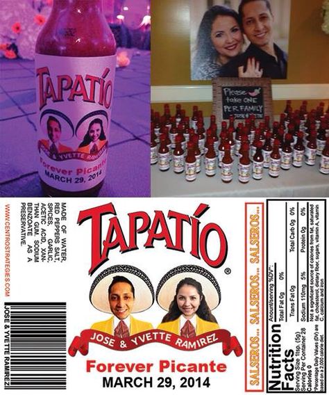 Tapatio bottle party favor Tapatio Wedding Favors, Hot Sauce Favors, Fiesta Wedding Shower, Mexican Ideas, Mexican Wedding Favors, Bicycle Artwork, Mexican Themed Weddings, Retirement Party Gifts, Samantha Wedding