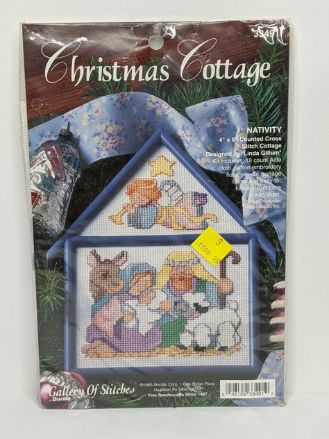 Bucilla Christmas Cottage Nativity Counted Cross Stitch Kit 4"x6" Linda Gillium Homemade Frames, Christmas Tree Beads, Cross Pictures, Cross Stitch Angels, Christmas Cottage, Stitch And Angel, Mary And Jesus, Christmas Packaging, Counted Cross Stitch Kits