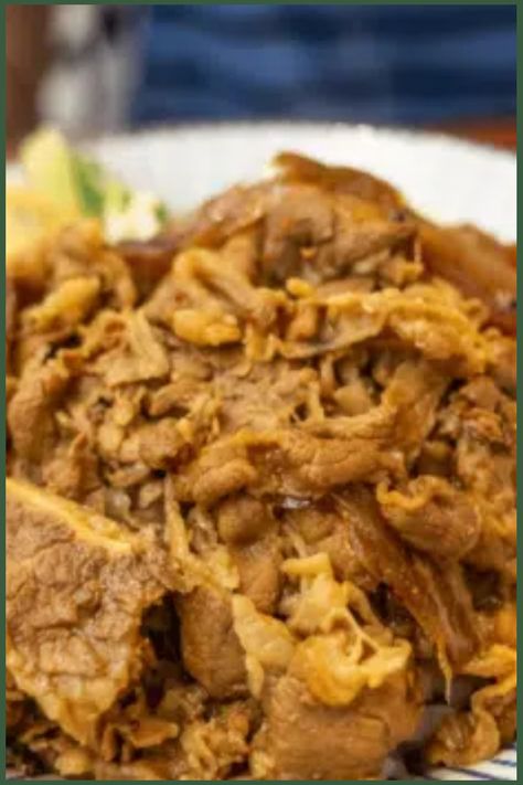 A plate of cooked shredded meat. Beef Gyudon, Gyudon Recipe, Banana Waffles Healthy, Easy Homemade Lasagna, Turkey Tacos Recipes, Vegan Crab Cakes, Steak Fajita Recipe, Vegan Crab, Sweet Potato Recipes Fries