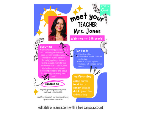 Welcome back to school! Are you ready to make the first day of school or open house extra special? Look no further than our amazing "Meet the Teacher" template, designed with a delightful and colorful theme. Whether you're a therapist, counselor, BCBA, assistant principal, or any educator eager to impress your students and their parents, this template is perfect for you. Teaching 6th Grade, Meet The Teacher Template, Teacher Posters, Teacher Templates, Assistant Principal, Welcome Back To School, Meet The Teacher, Teacher Printable, School Posters