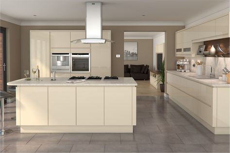 Innova Luca Gloss Cream handleless kitchen | by Innova Kitchens Cream Kitchen Units, Cream Gloss Kitchen, Cream Kitchens, Grey Gloss Kitchen, Cream Kitchen Cabinets, Glossy Kitchen, White Gloss Kitchen, Kitchen Extensions, Kitchen Grey